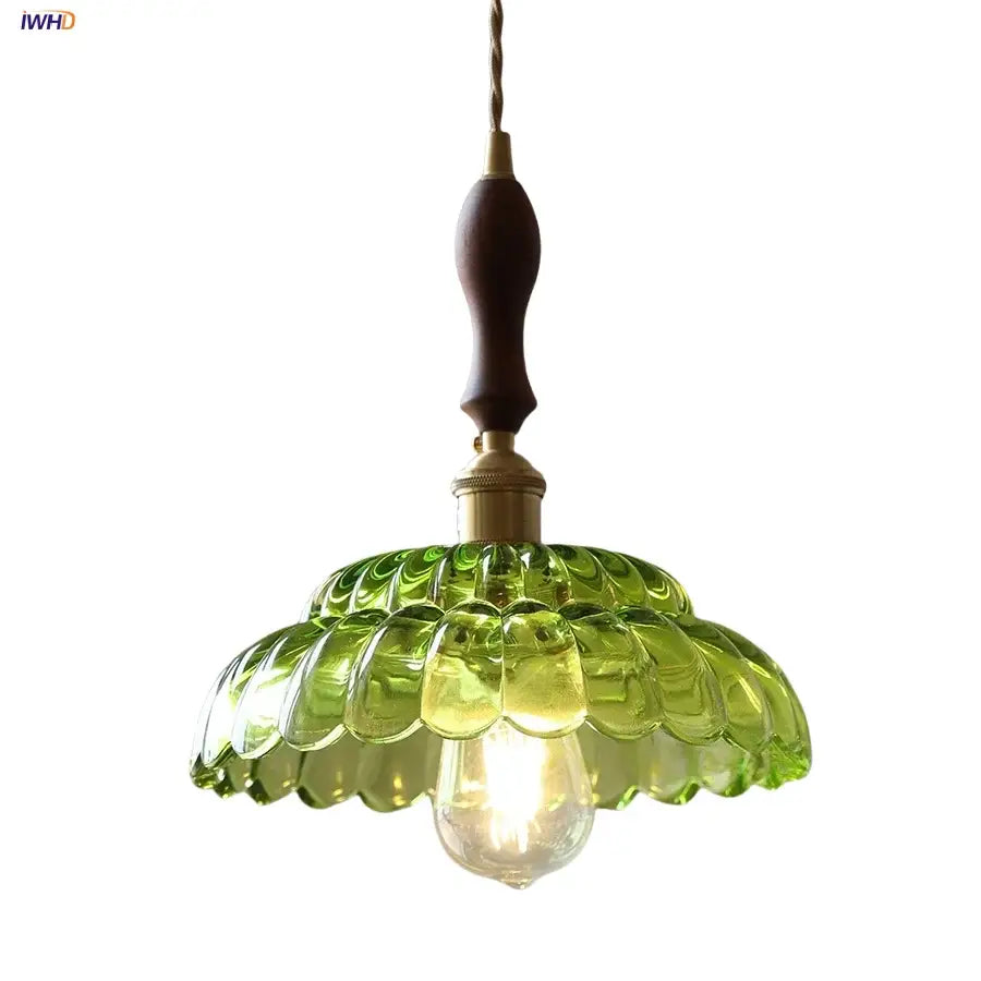 Decorbites led pendant lamp with green glass shade, walnut wood handle, and copper socket as an adjustable pendant lamp