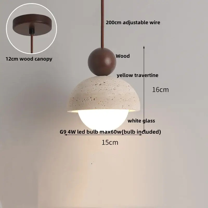 Decorbites led pendant lamp with matte brown wood canopy yellow travertine shade and white glass bulb for kitchen lighting