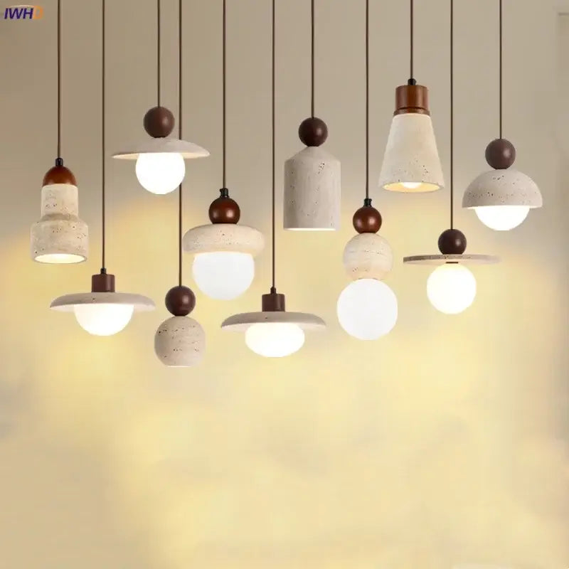 Modern decorbites led pendant lamp with concrete, warm wood accents, and frosted glass globes for kitchen or bedroom lighting
