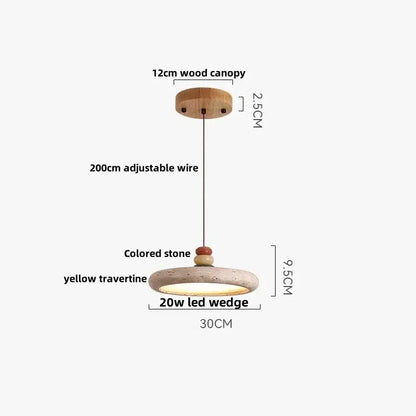 A decorbites led pendant lamp with a 12cm wooden canopy yellow travertine disc and 20w led warm glow light