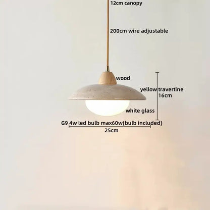 DecorBites led pendant lamp with 12cm wooden canopy and 16cm yellow travertine shade with white glass diffuser