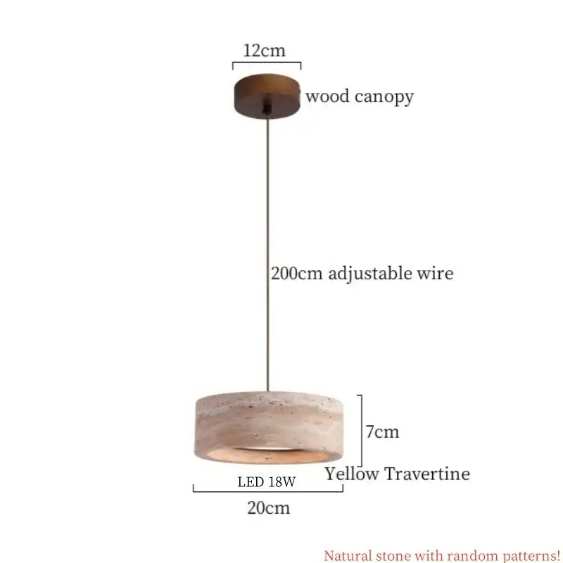 Decorbites led pendant lamp with yellow travertine stone shade, wooden canopy, and adjustable wire pendant lamp