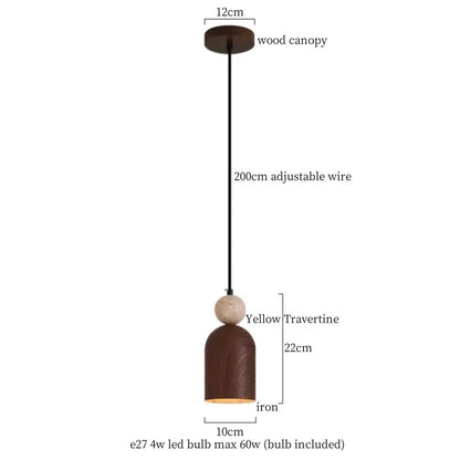 Brown iron decorbites led pendant lamp with yellow travertine accent and wooden canopy adjustable wabi sabi light