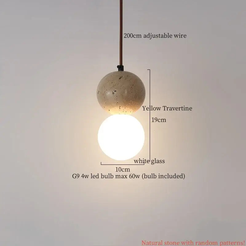 Yellow travertine sphere pendant lamp with white glass globe decorbites led pendant adjustable wabi sabi light