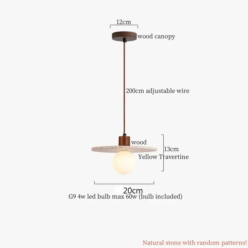 Decorbites led pendant lamp with yellow travertine stone shade, warm wood canopy, and adjustable bronze wire