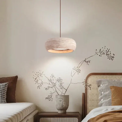 DecorBites led pendant lamp with a minimalist off-white ceramic shade and warm wooden rim in yellow travertine style