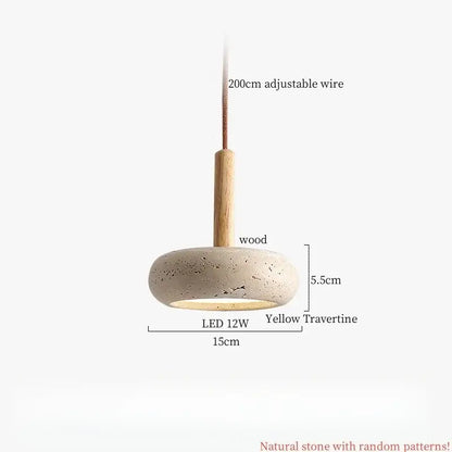 Decorbites led pendant lamp with a beige yellow travertine stone shade and wooden stem adjustable wabi sabi light