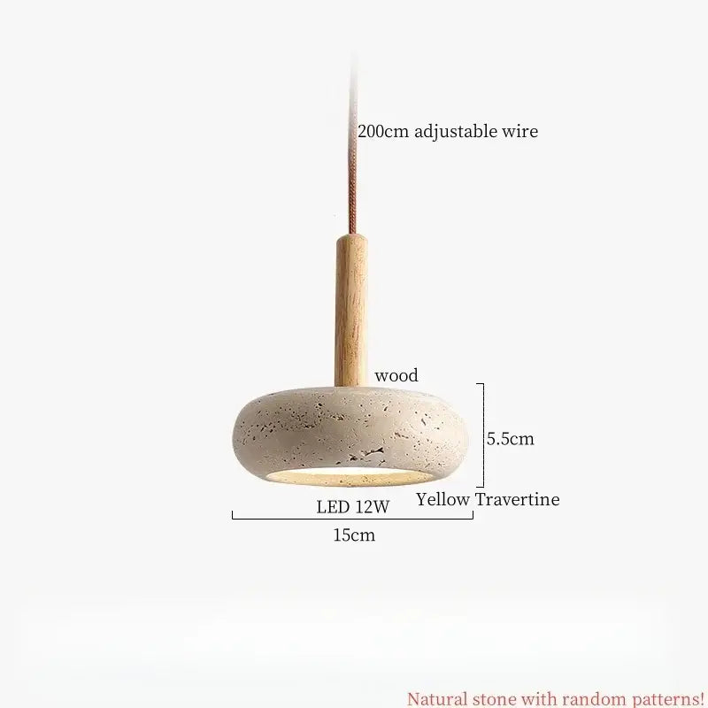 Decorbites led pendant lamp with a beige yellow travertine stone shade and wooden stem adjustable wabi sabi light