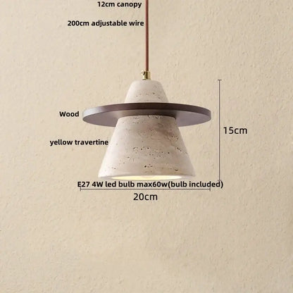 Decorbites led pendant lamp featuring a yellow travertine textured cone with dark wood ring and adjustable wire suspension