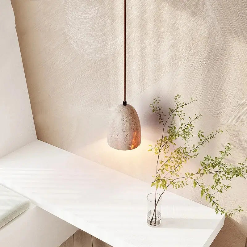 Minimalist decorbites led pendant lamp with yellow travertine concrete and warm glowing interior light