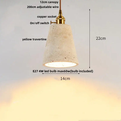 DecorBites LED pendant lamp in warm yellow travertine with brass-finished copper socket and switch for adjustable lighting