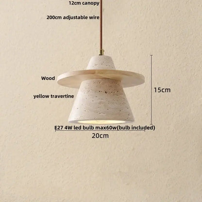 DecorBites led pendant lamp with a textured yellow travertine cone, wooden canopy, and adjustable wire suspension