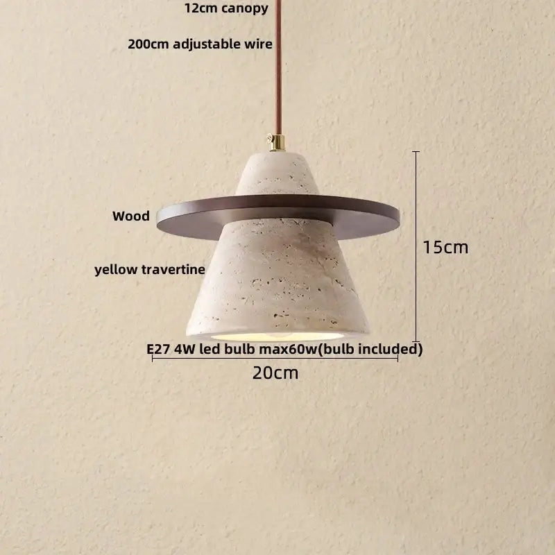 DecorBites led pendant lamp with yellow travertine cone and dark wood ring in a modern adjustable hanging design