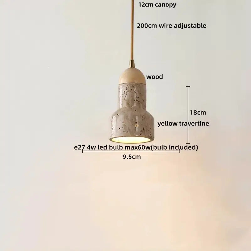 Modern pendant lamp featuring a yellow travertine textured body with wooden canopy and brass wire by DecorBites LED Pendant