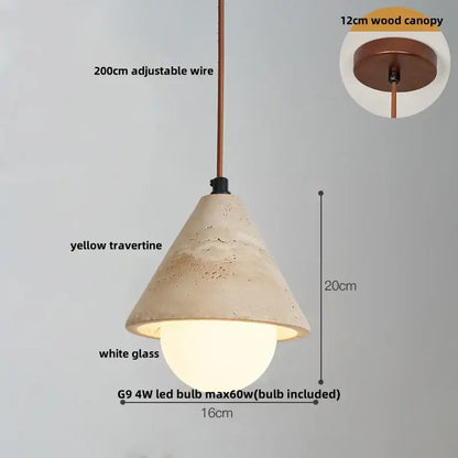 DecorBites LED pendant lamp with yellow travertine cone shade copper adjustable wire suspension and white glass bulb