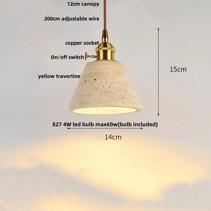 DecorBites led pendant lamp with a warm yellow travertine shade and brass hardware in a cone shape