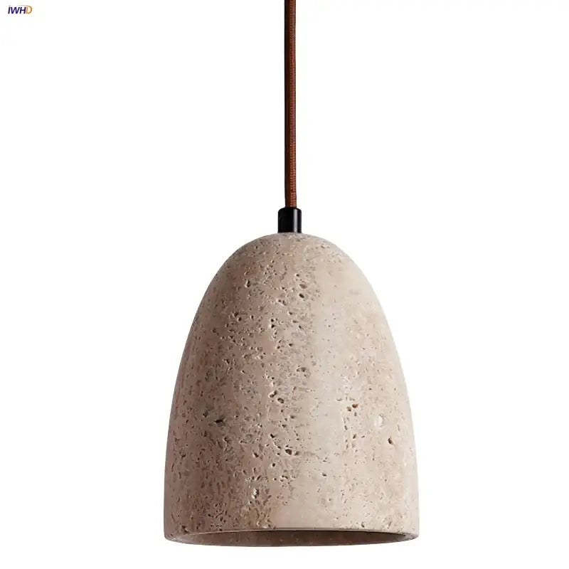Beige decorbites led pendant lamp with yellow travertine texture and brown fabric cord for adjustable hanging lighting