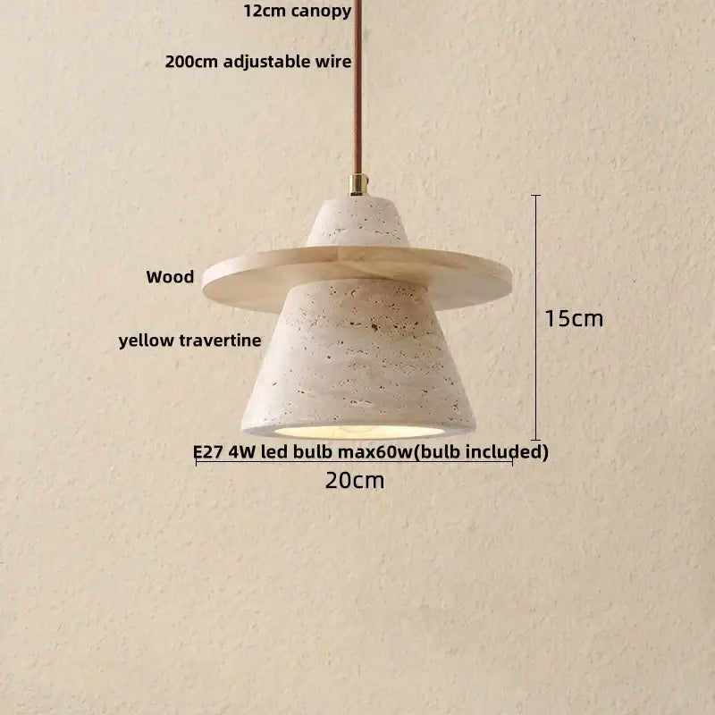 Decorbites led pendant lamp with a textured yellow travertine cone, wooden canopy, and adjustable wire suspension