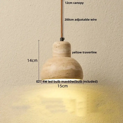 Decorbites led pendant lamp with yellow travertine shade and adjustable wire suspension in a warm-toned design