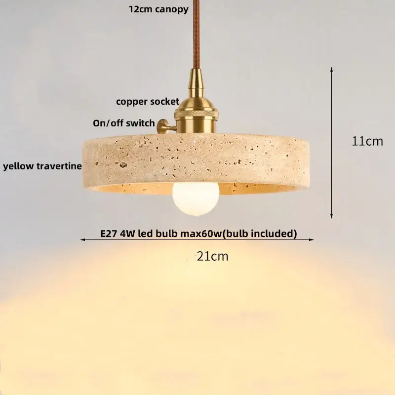 DecorBites led pendant lamp featuring a yellow travertine shade with brass copper socket and e27 4w led bulb