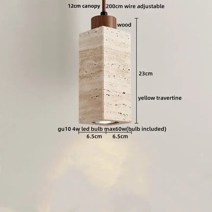 DecorBites™ LED pendant light featuring a rectangular yellow travertine stone body and wooden canopy with integrated gu10 bulb