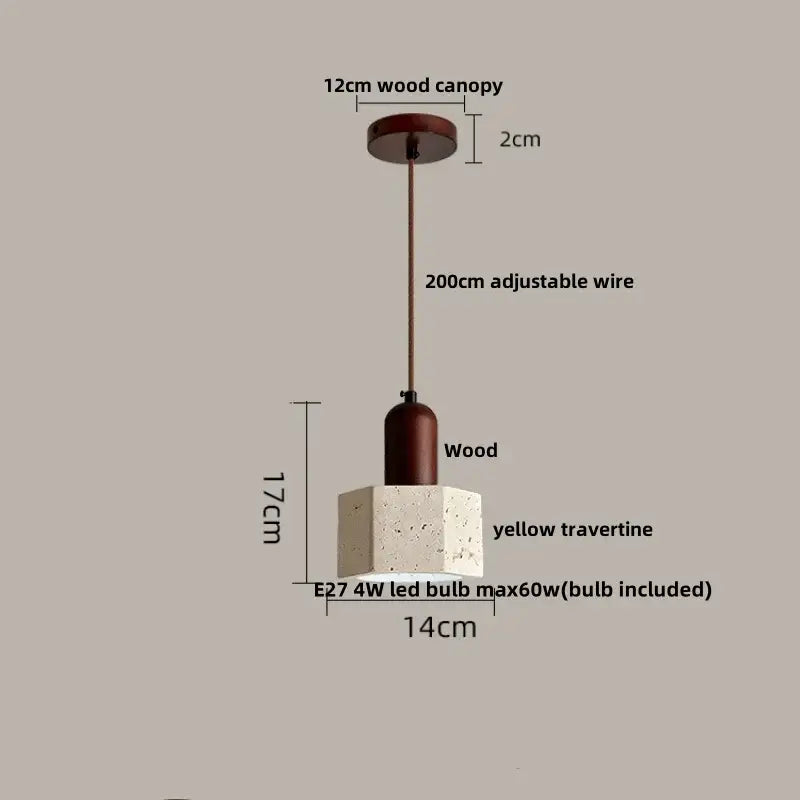Decorbites™ led pendant light with yellow travertine stone hexagonal base and wood canopy for modern interior lighting