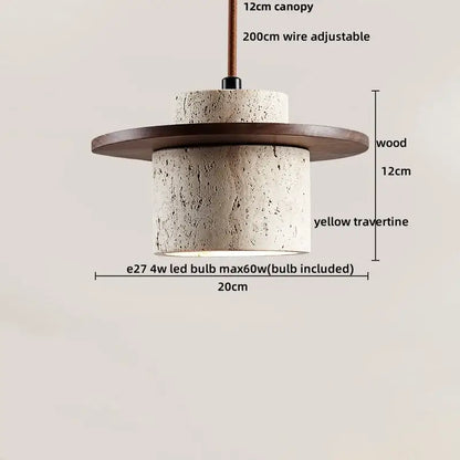 DecorBites™ rustic-style pendant light with textured yellow travertine stone shade and dark wood canopy suspension
