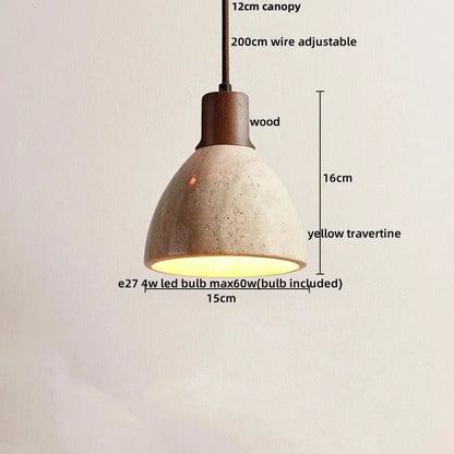 DecorBites™ LED pendant light with warm yellow travertine stone shade and dark wood canopy with adjustable wire