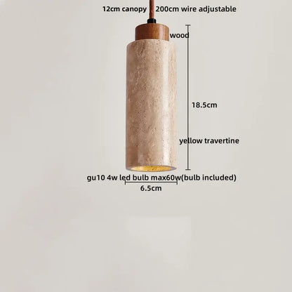 Decorbites led pendant light with cylindrical yellow travertine stone shade wooden canopy and adjustable wire