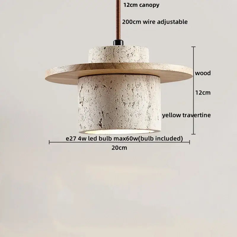 DecorBites™ pendant light with yellow travertine stone cylindrical body, wooden disc canopy, and copper wire suspension