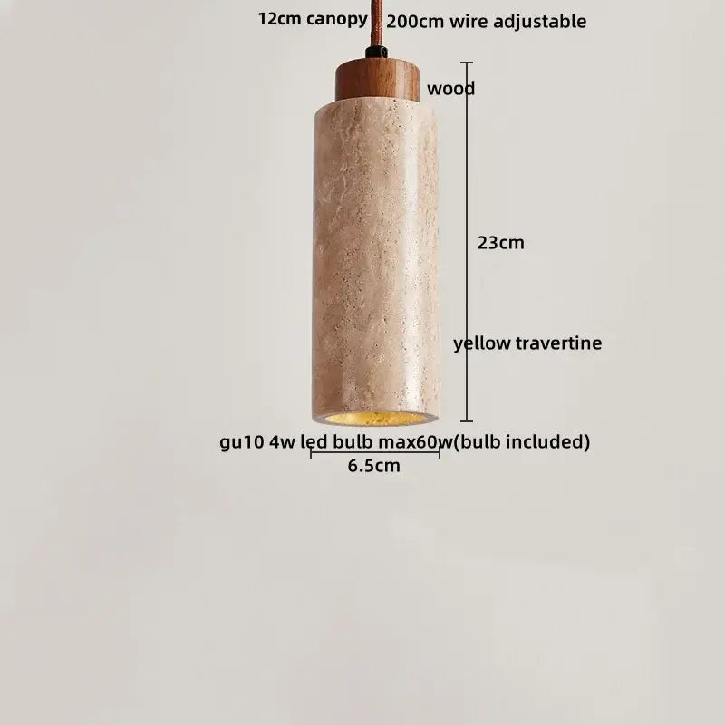 Decorbites led pendant light with yellow travertine stone body, wooden canopy, and adjustable wire in nordic modern style