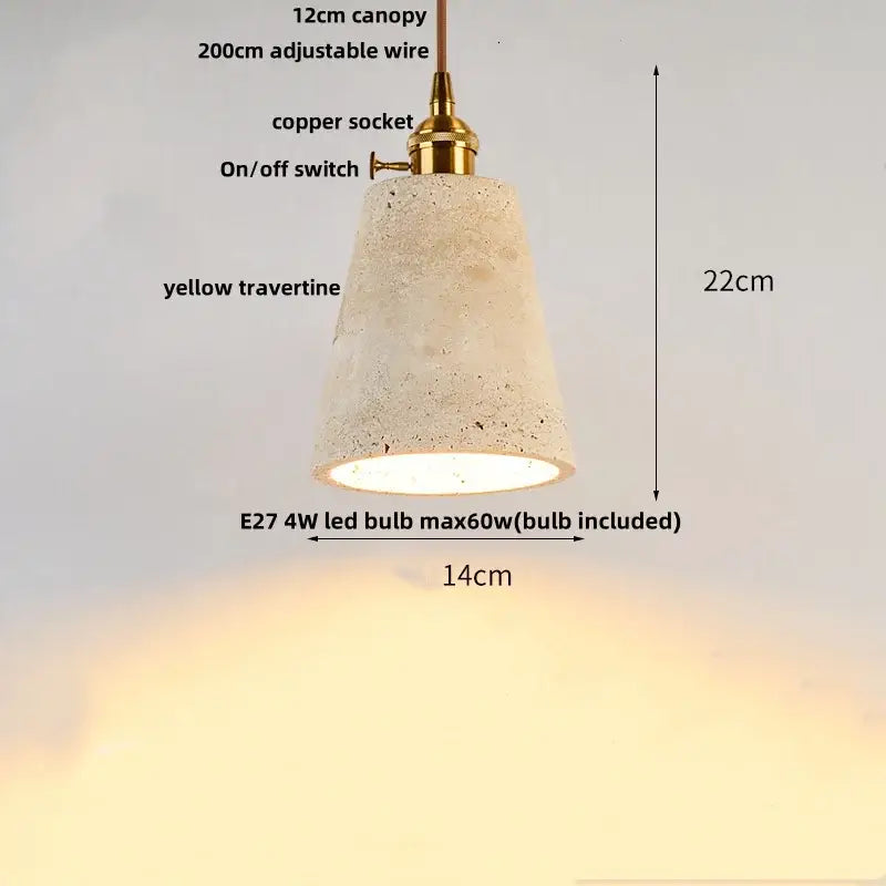 Decorbites led pendant light featuring warm yellow travertine stone with brass-finished copper socket and switch