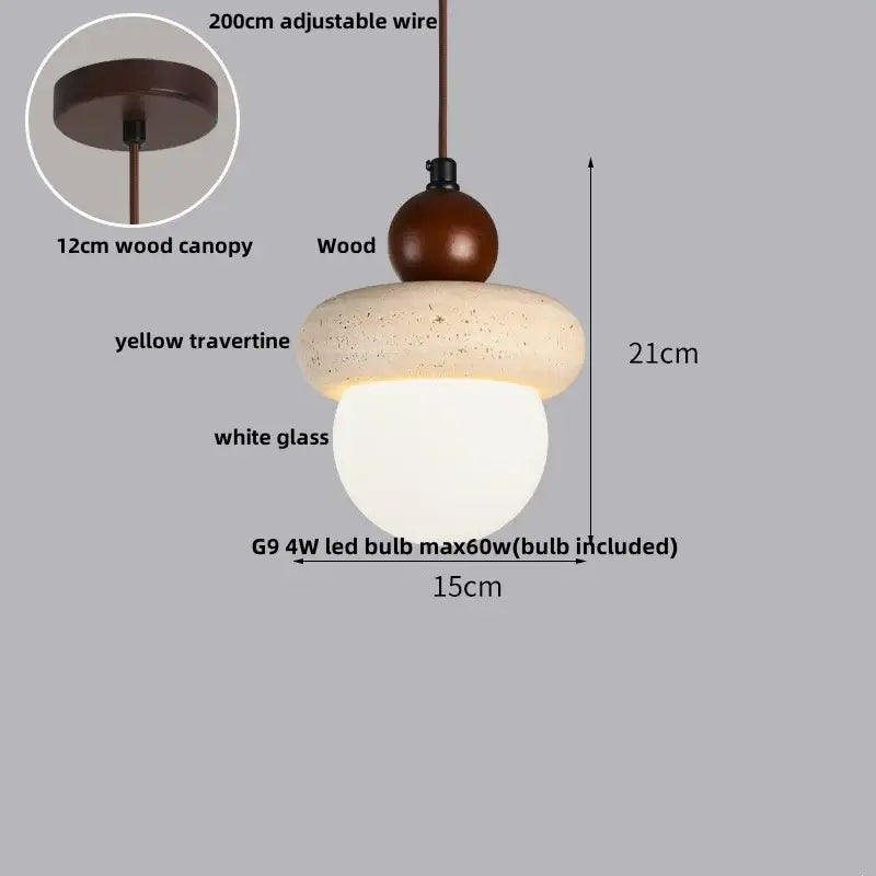 Modern pendant light with yellow travertine stone ring, warm brown wooden canopy, and white glass globe by DecorBites
