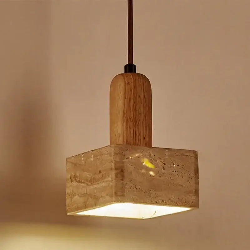 DecorBites™ LED pendant light with yellow travertine stone base and wooden top in a warm nordic modern style