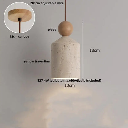 Decorbites led pendant lamp with yellow travertine cylindrical body and wooden sphere hanging light fixture