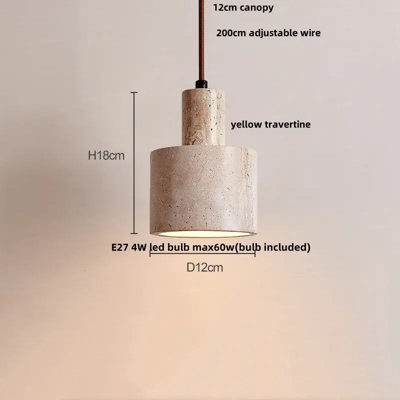 Modern decorbites led pendant lamp with cylindrical yellow travertine wood shade and adjustable hanging wire canopy