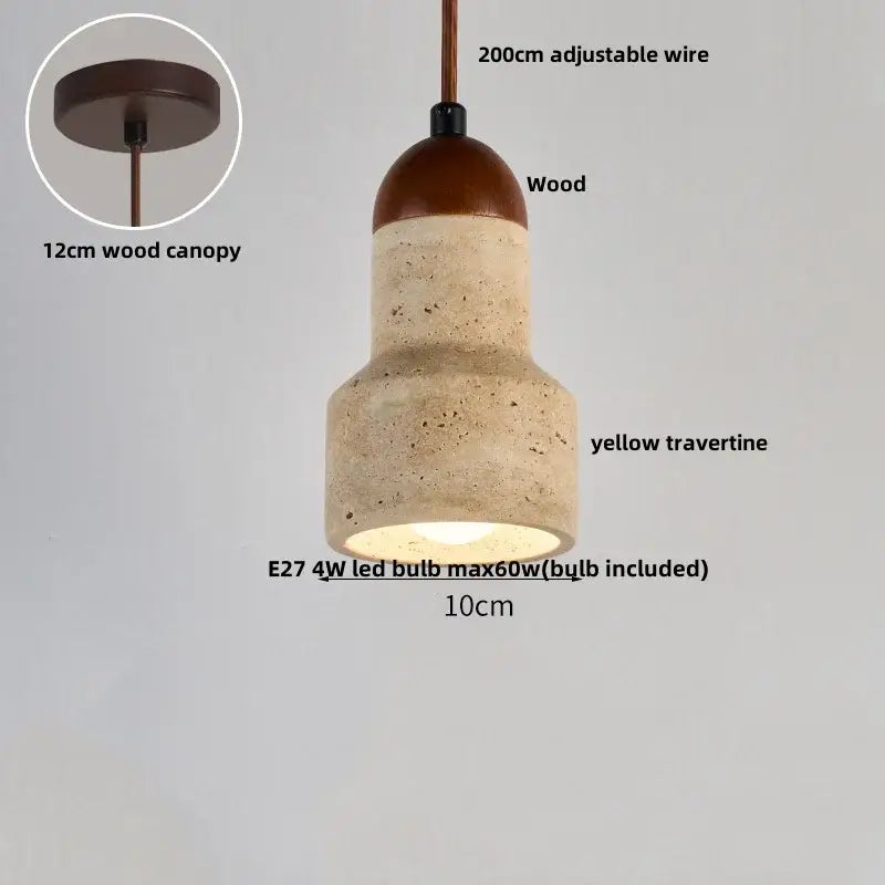 A decorbites led pendant lamp featuring a rustic wooden top and yellow travertine body suspended by an adjustable wire