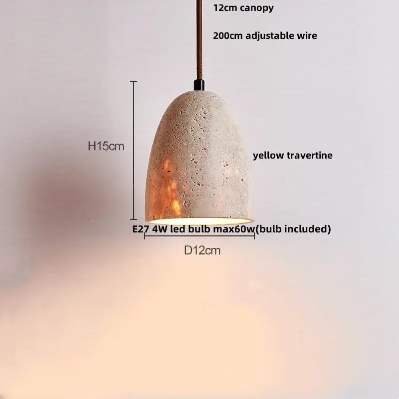 DecorBites led pendant lamp featuring a warm yellow travertine textured wood shade with adjustable wire and 12cm canopy