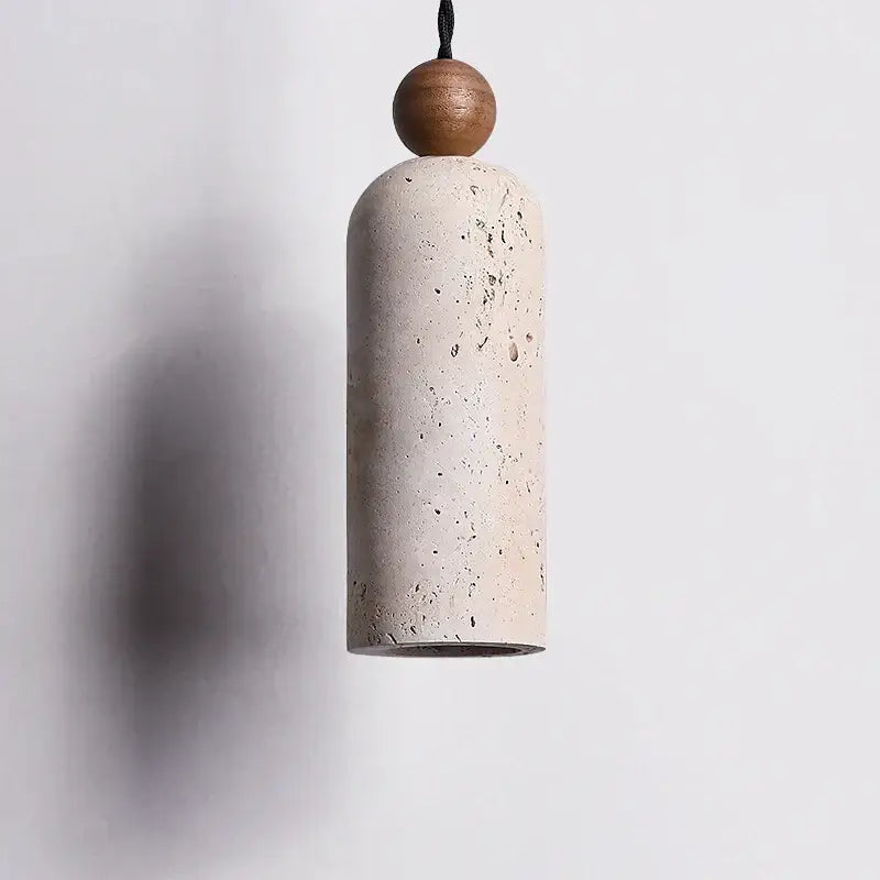 Minimalist decorbites led pendant lamp with yellow travertine concrete body and warm wood sphere accent