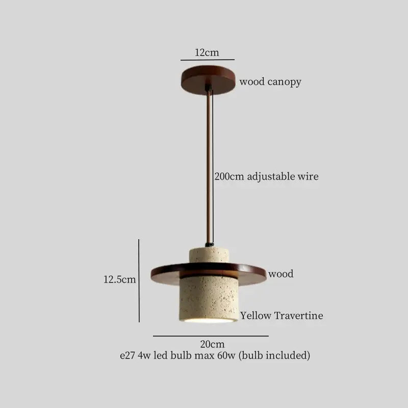 DecorBites™ led pendant lamp with yellow travertine stone, wood canopy, and adjustable bronze wire in nordic minimalism style