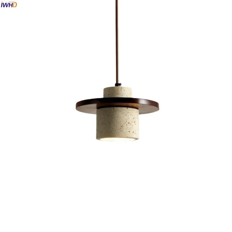 Decorbites led pendant lamp with beige textured concrete cylinder and dark wood disc accents in minimalist style