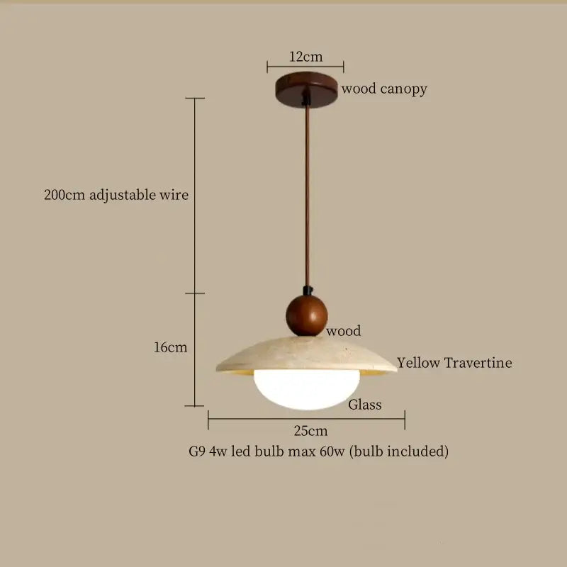 Decorbites led pendant lamp with warm wood canopy central wooden sphere and yellow travertine curved shade with glass globe