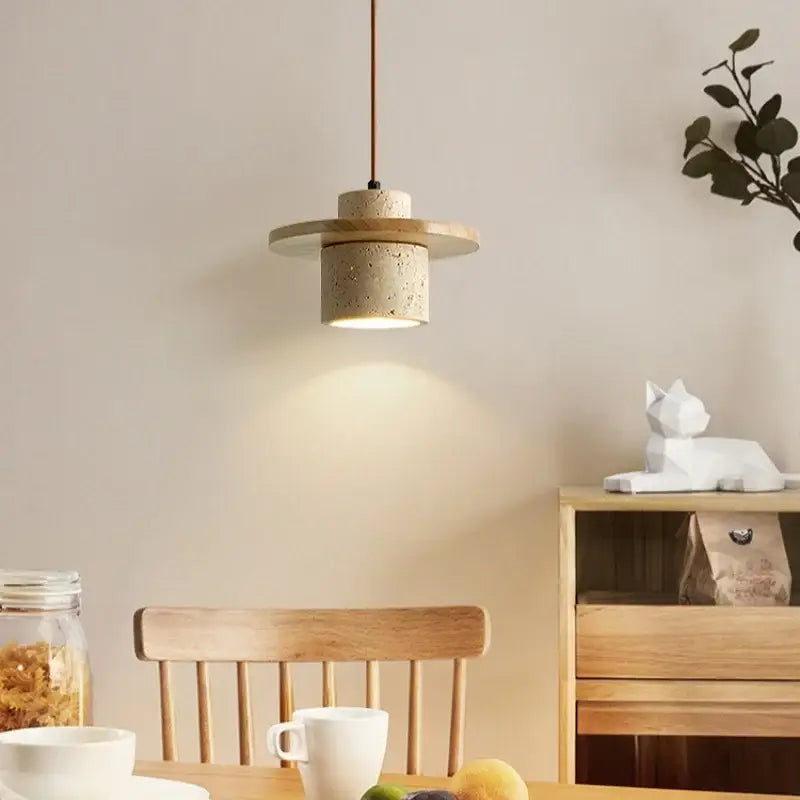 Decorbites led pendant lamp with yellow travertine wood and textured concrete body in nordic minimalist design
