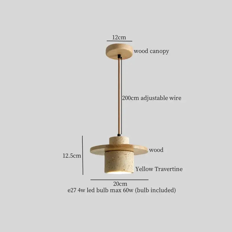 Minimalist decorbites led pendant lamp with yellow travertine cylindrical base wood canopy and adjustable wire