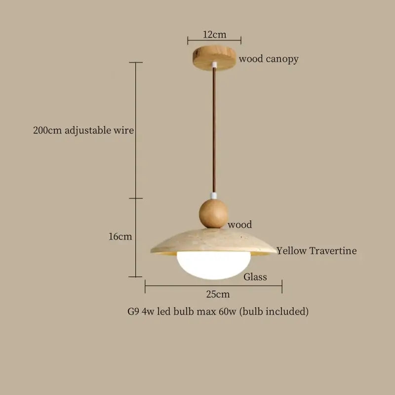 Decorbites led pendant lamp with a yellow travertine shade, warm wood canopy, and adjustable wire pendant lamp