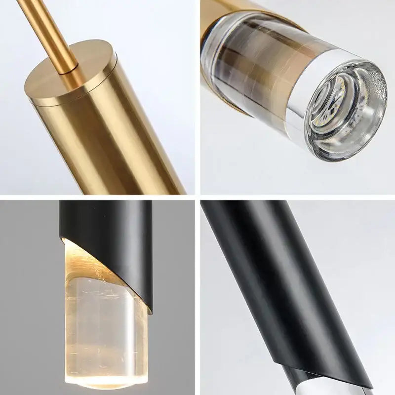 Modern minimalist decorbites led pendant with gold cylindrical body and clear acrylic diffuser for kitchen and office lighting