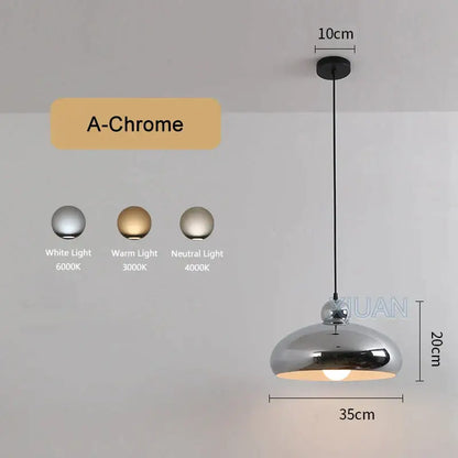 DecorBites™ sleek chrome led pendant lamp with reflective metallic dome and black cord for bedroom dining room