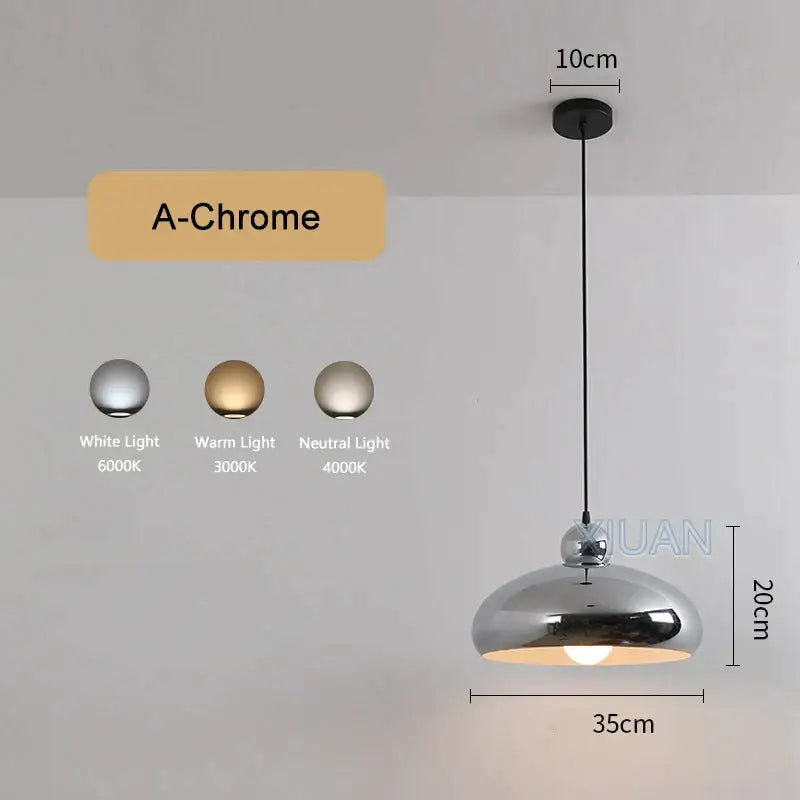 DecorBites™ sleek chrome led pendant lamp with reflective metallic dome and black cord for bedroom dining room