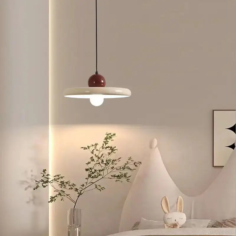 Decorbites™ led pendant lamps with glossy red spherical top and white flat shade for bedroom living room dining table