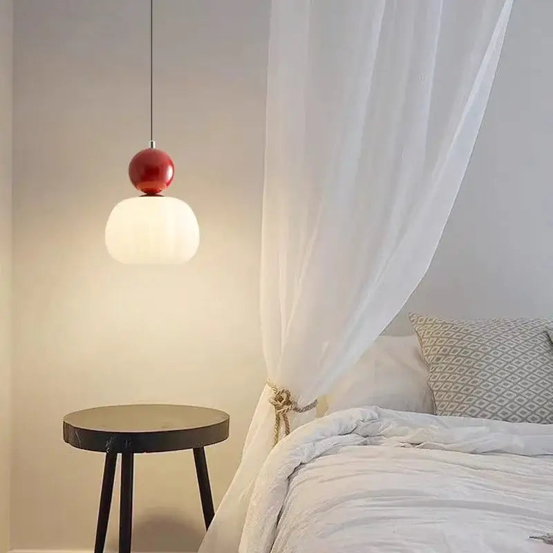 DecorBites™ led pendant lamp with glossy red spherical top and frosted white glass globe for bedroom or kitchen lighting